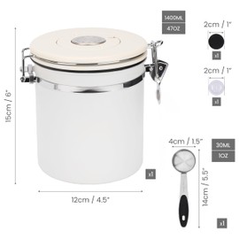 Belle Vous White Coffee Canister with Date Tracker, Scoop & CO2 Valve - 1.4L Stainless Steel Coffee Bean Storage Container - Airtight Kitchen Canister for Coffee Grounds, Tea & Sugar