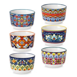 vancasso 4 Oz Ramekins Oven Safe Set of 6, Bohemian Creme Brulee Ramekins, Colorful Souffle Dishes, Pudding Custard Cups for Baking, Small Ceramic Bowls for Dipping Sauce, Ice Cream