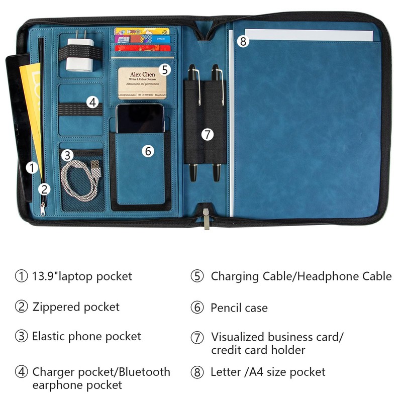 Leather Business Portfolio Organizer Padfolio Binder for Women with Zipper