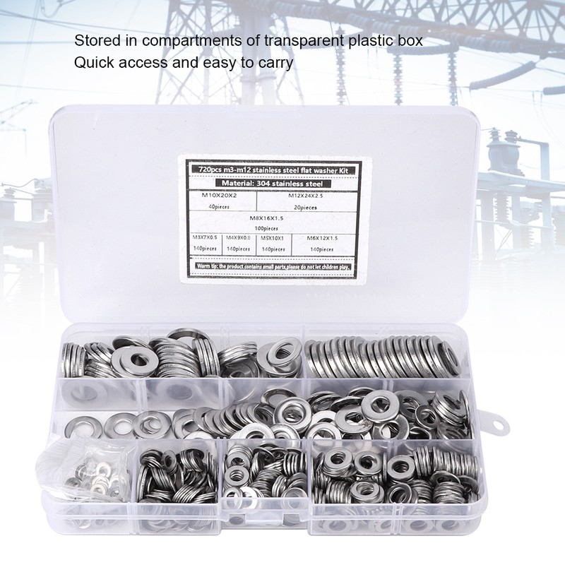 720Pcs Flat Washer Kit 304 Stainless Steel Silver Spring Gasket