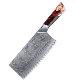 FINDKING Nebula Series Cleaver Knife, Multipurpose Chinese Chef Knife, 10Cr15CoMov Damascus Steel Blade, Resin and Figured Sycamore Handle, Full Tang, 7 Inch, Red, for Meat, Vegetable Shredding