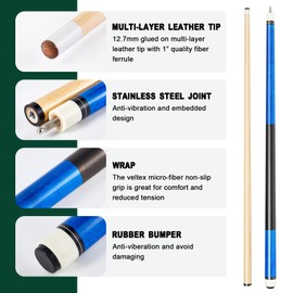 Syhood Pool Cue Sticks Case and Repair Accessories Set Including 58 Inch Maple Professional Pool Cue Sticks 13 mm Tip 1 Pool Cue Case and Pool Cue Tips Replacement Kit for Billiard (Blue,1 Pcs)