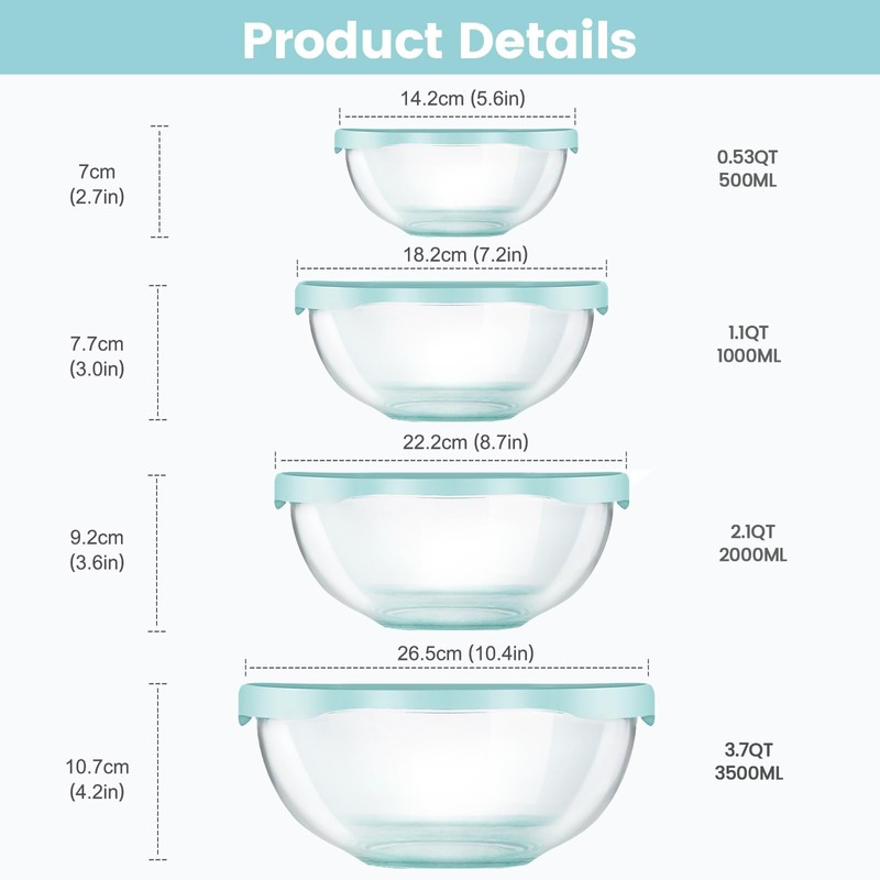 Luvan Borosilicate Clear Glass Mixing Bowls with Lids Set of