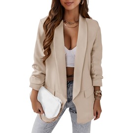 KIRUNDO Blazers for Women Oversized Business Casual Long Sleeve Open Front Work Office Suit Jackets Trendy Clothes(Beige White, Medium)