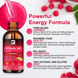 Vitamin B12 Liquid Drops 10,000 mcg, Methylcobalamin B12 Sublingual Fast Absorption, Energy & Brain, Supports Immunity Raspberry Flavor 2 fl oz - Quantity: 1 bottle (60ml per bottle)