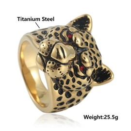 Gold Leopard Head Ring, Hip Hop Leopard Animal Biker Ring for Men, Black Spotted Leopard Ring Red Eyes Leopard Jewelry, Wild Leopard Head Ring Punk Leopard Head Animal Ring (9)
