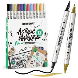 TRANSON 12 Colors Fine and Brush Dual-tip Acrylic Paint Marker Pen Set for Canvas Rock Wood Leather Ceramic DIY Painting