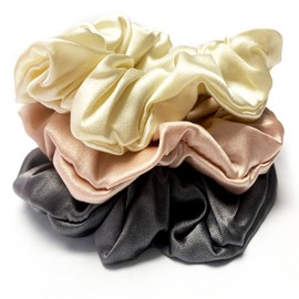 3 Pcs Mulberry Silk Hair Scrunchies For Women Stain Silk Hair Band Hair Elastic Ponytail Holders (Charcoal/Pink/Ivory)