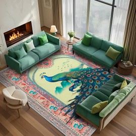 FLYRUGGO 8x10 Peacock Area Rugs for Bedroom, Modern Cute Animal Washable Indoor Rug for Living Room, Soft Large Non-Slip Carpet Floor Mat for Kids Nursery Playroom Home Office - Pink Peacock