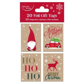 Eurowrap Rectangular Foil Christmas Pack of 20 Gift Tags Xmas, 4 Assorted Designs, Sim Kraft X34557GTC