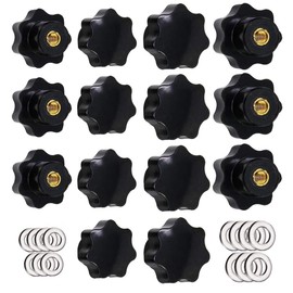 Greluma Pack of 14 Knurled Thread Clamping Knobs M6 & M8, Star Handle, Hand Knobs in Star Shape, Black Plastic Handle, Clamping Knob with 14 Washers