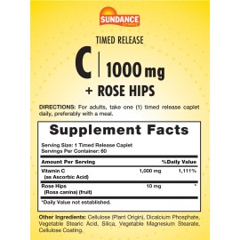Sundance Vitamin C With Rose Hips 1000mg | 60 Vegetarian Caplets | Non-GMO | by Sundance