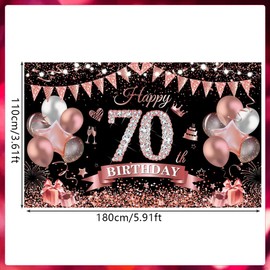 70th Birthday Banner Rose Gold Black Decoration 70th Birthday Women 70 Background Banner 70 Years Birthday Banner for 70 Women Birthday Party Decoration