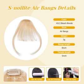 S-noilite Clip-In Real Hair Fringe #613 Light Blonde 100% Remy Hair Clip in Bangs Thin Wispy Fringe with Temples - Hair Pieces Real Hair for Women 3 g