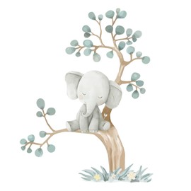 Hoppla - Kids XL Little Elephant On His Tree Wall Sticker 34" x 26" Baby Room Reusable Elephant Tree