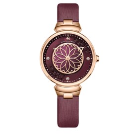 BLACK BY BLUE BRAVE Watches for Women Cherry Blossom: Sakura Petal Hand, 36MM Ruby Red Mother of Pearl Dial with Leather Strap Dress Watches Waterproof, 4B11102
