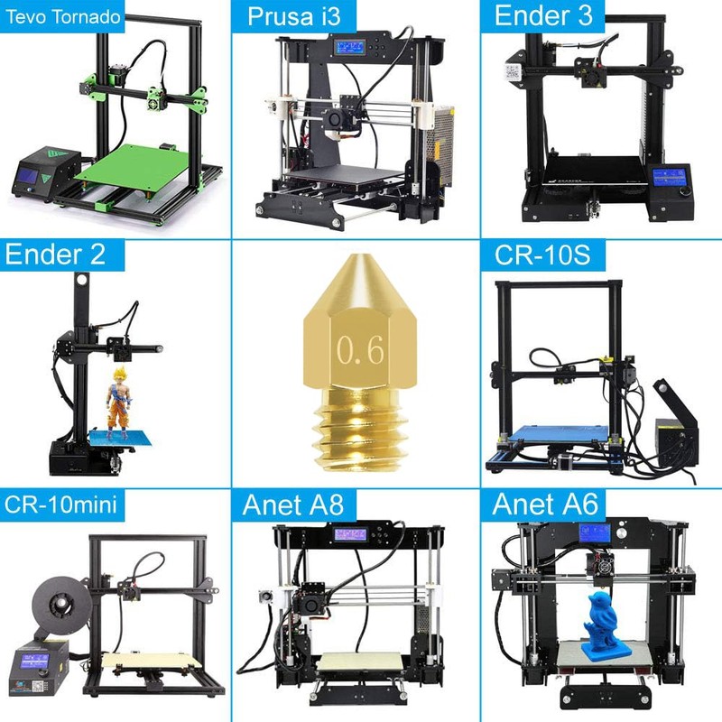 Aokin 8 Pcs 0.6mm MK8 Extruder Nozzles 3D Printer Nozzles