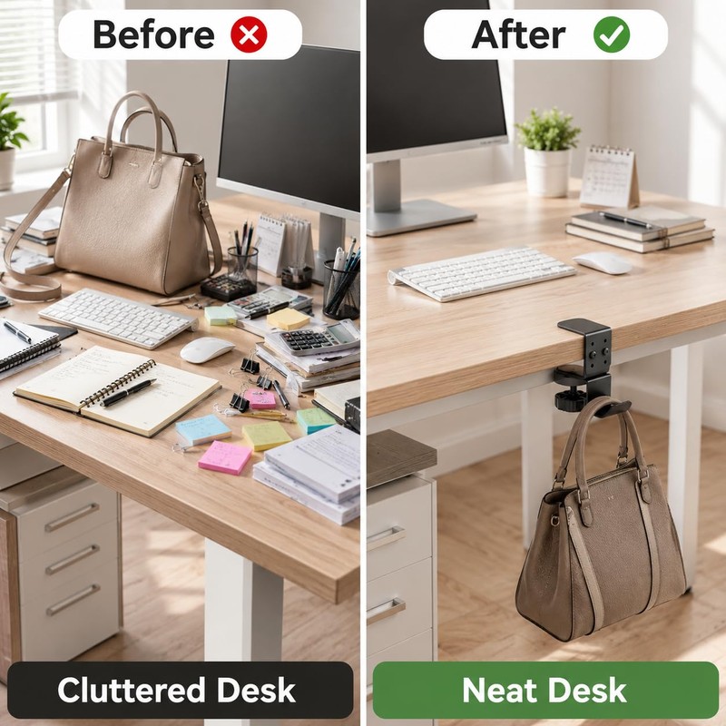 Clamp-On Desk Hook, 360° Rotating Purse and Backpack Hanger