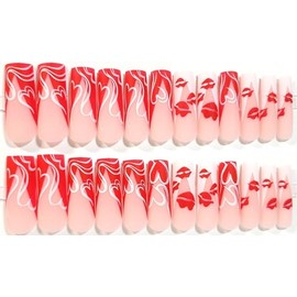 Long Love French Manicure Matte Long Square Press On Nails - 24 Pieces - Artificial Nails - Valentine's Day Nails