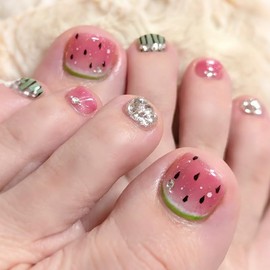 24Pcs French Tip False Toenails - Short Square Nude Pink Fake Toe Nail Tip Press on Toenails - Acrylic Full Cover Fake Toenails Nail Art Set for Women Girls (Rose Green Watermelon Pattern, Short)