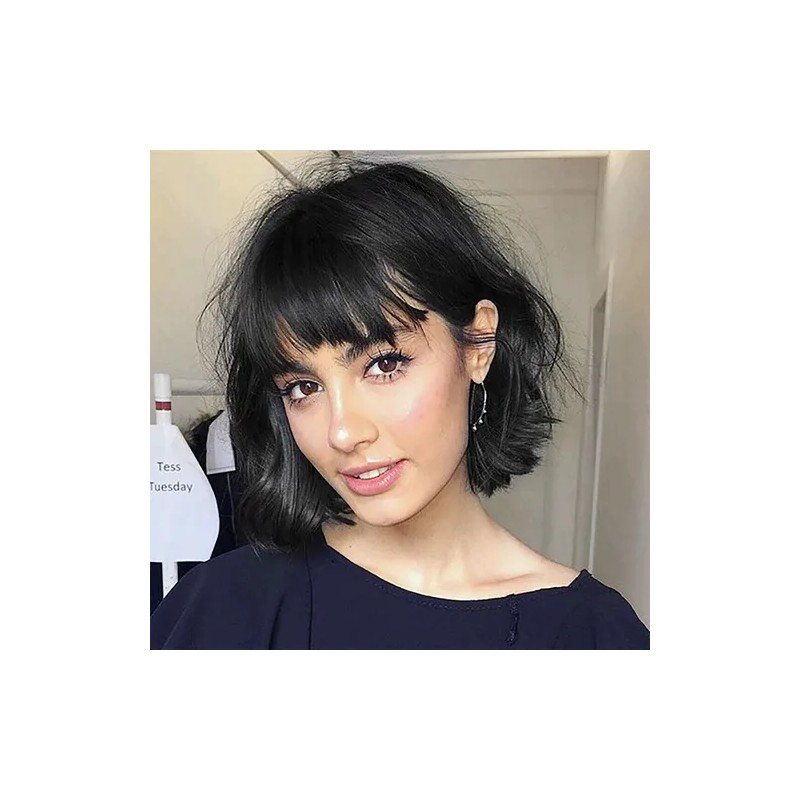 Pelucas Para Mujer Ondulada Corto Pelo Negra Cabello Natural