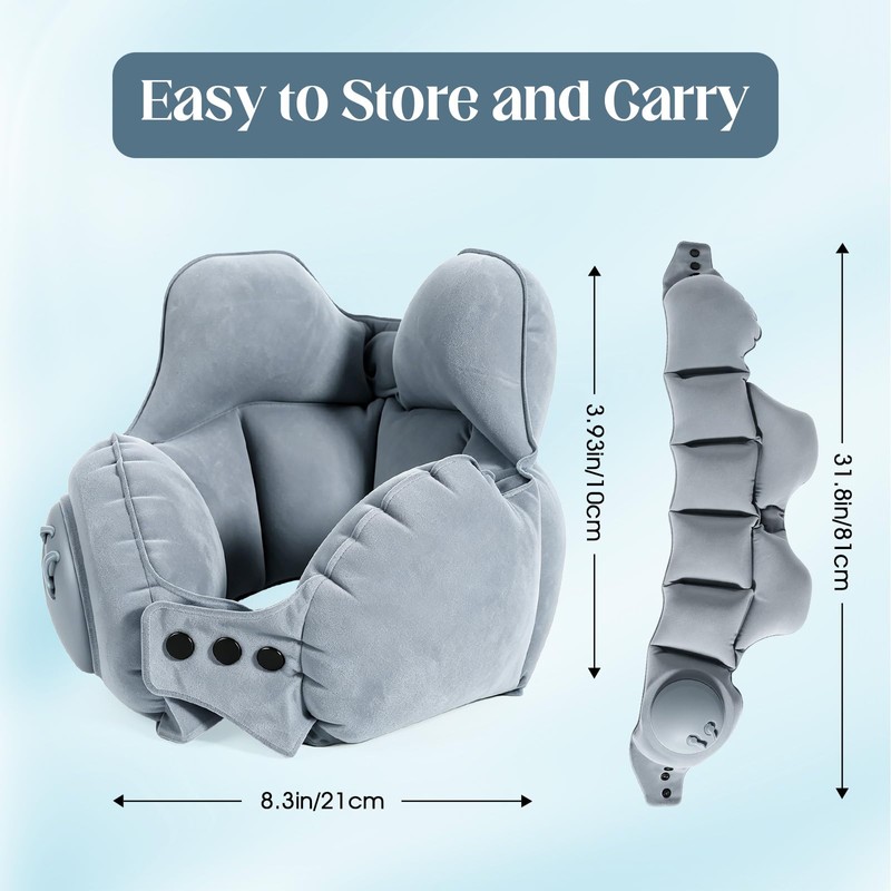 Inflatable Neck Pillow, U-Shaped Travel Pillow with Adjustable Snap Grey