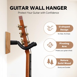Guitar Wall Mount - Solid Nature Beech Wood Guitar Hanger with 5pcs Picks for Acoustic, Electric, Bass, Banjo, Mandolin