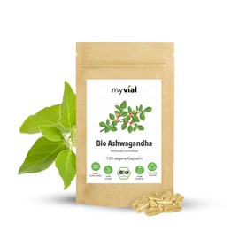 myvial® Organic Ashwagandha Capsules, Pack of 120, High Dose, Vegan, No Additives, Plastic-Free Packaging, Indian Sleep Berry in Best Organic Quality, Pure Vegetable and Laboratory Tested Quality