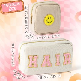 PANTIDE 3Pcs Preppy Corduroy Makeup Bags Set Skin Hair Chenille Letter Patch Cosmetic Bag Portable Toiletry Bag Large Capacity Storage Zipper Purse Travel Organizer Bag for Women Girls