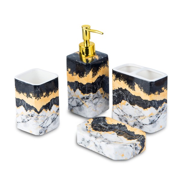 4 Piece Bathroom Accessories Set - Black and White Includes Lotion Dispenser, Toothbrush Holder Tumbler, and Soap Dish - Glossy Finish (Marble, Black, and White)