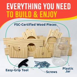 SparkJump Squirrel Feeder Kit - Sustainable FSC Wood, Easy Mounting and Assembly, Kid-Safe Mason Jar, Perfect for Outdoor Squirrel Watching & Feeding