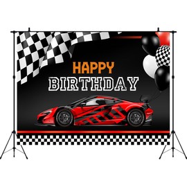 Aperturee Racing Car Happy Birthday Backdrop for Photography 5x3ft Cool Red Car Photo Background Balloons Flags Backgrounds Boy Kid Nursery Toddler Party Decorations Banner Supplies Photo Booth Props