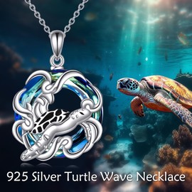 VONALA Sea Turtle Wave Necklace For Women 925 Sterling Silver Crystal Pendant Ocean Turtle Jewelry Gifts for Her