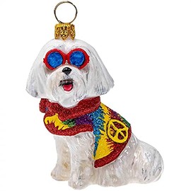 Joy to the World Collectibles Maltese in a Tie Dye Coat and Sunglasses Polish Glass Christmas Ornament