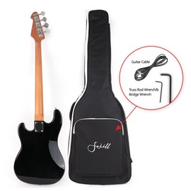 Fojill Full Size Standard Electric Bass Guitar Four 4 String Right Hand Handed Basswood Body Roasted Canadian Maple Neck Genuine Rosewood Fretboard Fingerboard with Gig Bag (Black)