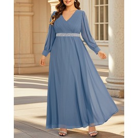Women Mother Bride Dresses Plus Size Formal Evening Dusty Blue Long Sleeve Bridesmaid Evening Elegant Ruched Maxi Dress