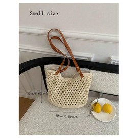 SOLY HUX Women's Crochet Knit Hollow Out Tote Bags Double Handle Large Capacity Vacation Shoulder Bags Beige One Size
