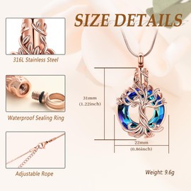 Minicremation Cremation Urn Jewellery for Ashes Necklace Tree of Life Keepsake Jewelry Pendant Necklaces with Funnel Filler Gifts for Women Men, Cubic Zirconia Stainless Steel Stone, Diamond Zircon