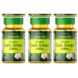 Puritan's Pride 3 Pack Garlic Extract Odorless 1000 mg 300 Softgels (3x100) Cholesterol Health