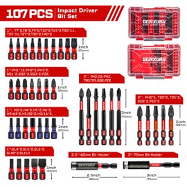 Geinxurn 107Pieces Impact Screwdriver Bits Set, Magnetic S2 Steel 1”/2”3”Phillips/Square/Torx/Slotted/Hex/Pozi Bits Tips and Impact Bit Holder with Storage Box Case
