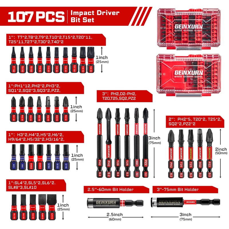 Geinxurn 107Pieces Impact Screwdriver Bits Set, Magnetic S2 Steel 1”/2”3”Phillips/Square/Torx/Slotted/Hex/Pozi
