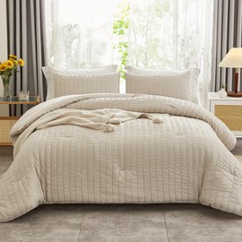 AveLom Beige Seersucker Full Comforter Set (80x90 inches), 3 Pieces-100% Soft Washed Microfiber Lightweight Comforter with 2 Pillowcases, All Season Down Alternative Comforter Set for Bedding