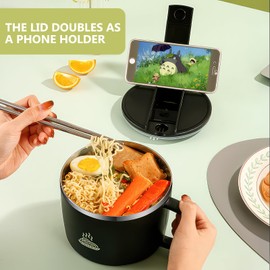 ZONJIE 1200ml Rapid Ramen Bowl with Filterable Lid - Stainless Steel Noodle Bowl with Spoon Chopsticks Rapid, Ramen Cooker Soup Bowls BPA Free with Handle, Portable Salad Pasta Bowl (Black)