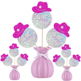 8pcs Glitter Disco Ball Cowboy Hats Centerpiece Sticks Western Cowgirl Centerpieces for Table Disco Cowgirl Bachelorette Party Decorations for Retro Western Theme Birthday Party Supplies