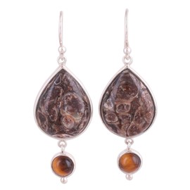 NOVICA Artisan Handmade Turritella Agate Tigers Eye Dangle Earrings Sterling Silver Brown India Birthstone [2 in L x 0.7 in W x 0.2 in D] ' Earthy Allure'