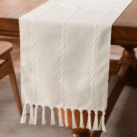Wracra Cotton Linen Table Runner Farmhouse Style Beige Table Runner 150 cm with Hand Tassels for Parties, Dining Room Decorations, Dessert Table Decoration (Beige, 150 cm)