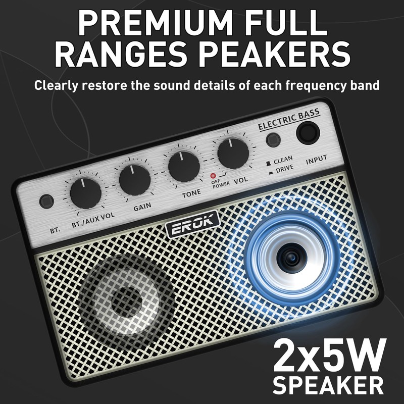 EROK Mini Bass Amp, Portable Amplifier with Clean/Drive Dual Channels,