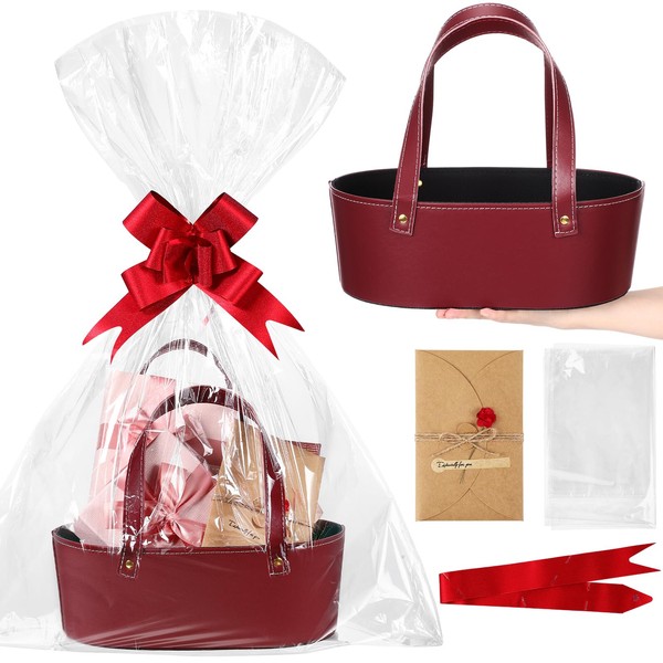 Wonderjune Leather Empty Gift Basket with Gift Bags Ribbons Greeting