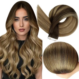 Full Shine Human Hair Tape in Extensions Color 2 Darkest Brown Ombre 8 Ash Brown Highlight with 27 Blonde Double Sided Tape in Hair Extensions 22Inch Long Seamless Skin Weft 50G 20Pcs