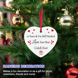 10th Year Anniversary Christmas Ornaments 10 Year Wedding Anniversary Keepsake 10 Years Anniversary Ceramic Ornament Fisherman Gifts for Husband Boyfriend Fishing Lovers Couple Gifts Her and Him